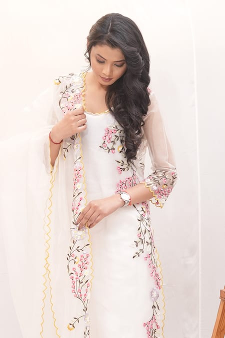 Buy_Ankita S Goswami_White Organza, Chanderi Pearls, Bloomingdale Floral Kurta Culottes Set _Online_at_Aza_Fashions