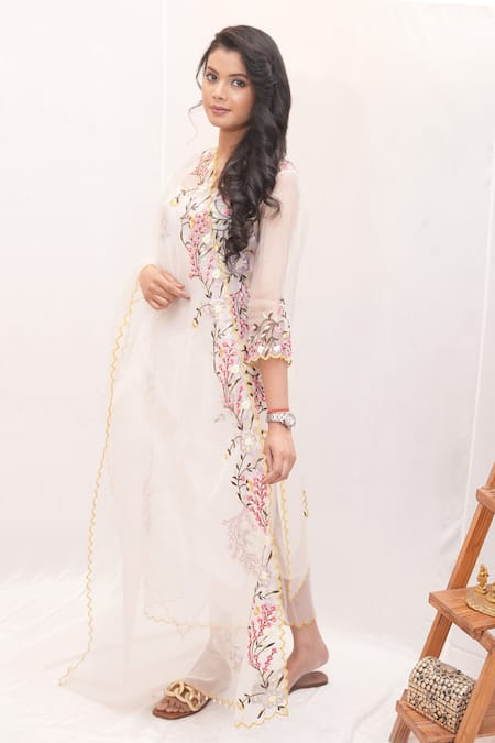 Shop_Ankita S Goswami_White Organza, Chanderi Pearls, Bloomingdale Floral Kurta Culottes Set _Online_at_Aza_Fashions