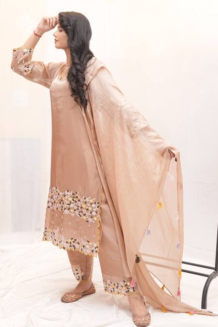 Buy_Ankita S Goswami_Beige Tissue, Organza, Cotton, Silk Carnation Thread Floral Kurta Culottes Set _Online_at_Aza_Fashions