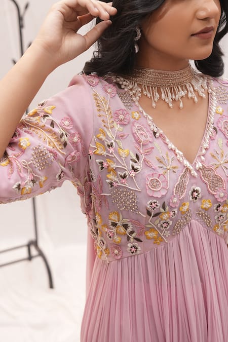 Buy_Ankita S Goswami_Pink Georgette Pearls, Sequins, Primrose Floral Peplum Kurta Sharara Set _Online_at_Aza_Fashions