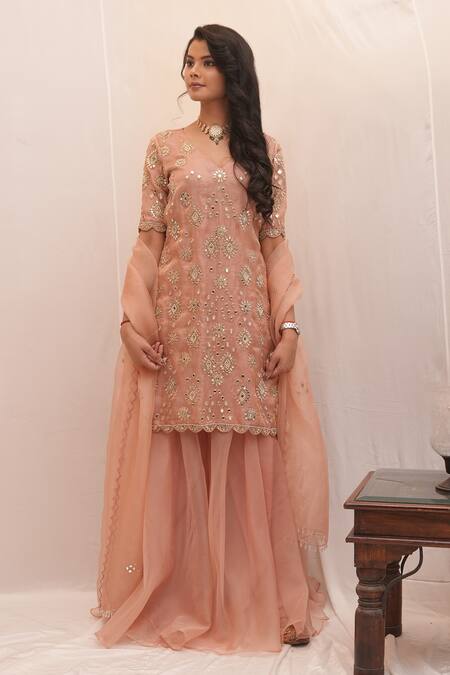 Buy_Ankita S Goswami_Pink Tissue, Organza Pearls, Zeenat Mirrorwork Embellished Kurta Sharara Set _Online_at_Aza_Fashions