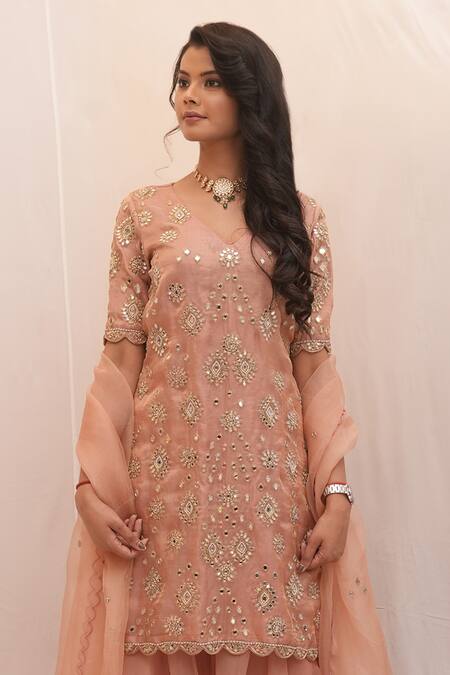 Shop_Ankita S Goswami_Pink Tissue, Organza Pearls, Zeenat Mirrorwork Embellished Kurta Sharara Set _Online_at_Aza_Fashions