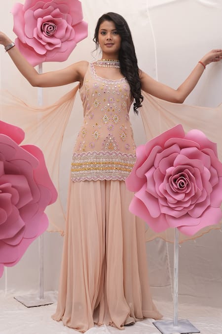 Ankita S Goswami_Peach Georgette Pearls, Mirrors, Indian Garden Dabka Kurta Sharara Set _Online_at_Aza_Fashions