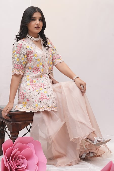 Ankita S Goswami_Pink Silk, Organza Pearls, Garden Of Hope Embroidered Jacket Kurta With Sharara _Online_at_Aza_Fashions