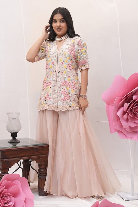 Buy_Ankita S Goswami_Pink Silk, Organza Pearls, Garden Of Hope Embroidered Jacket Kurta With Sharara _Online_at_Aza_Fashions