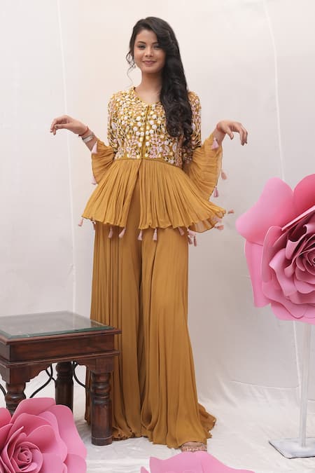 Ankita S Goswami Gold Fine Georgette Embroidered Pearl Floral Peplum Jacket Kurta With Sharara 