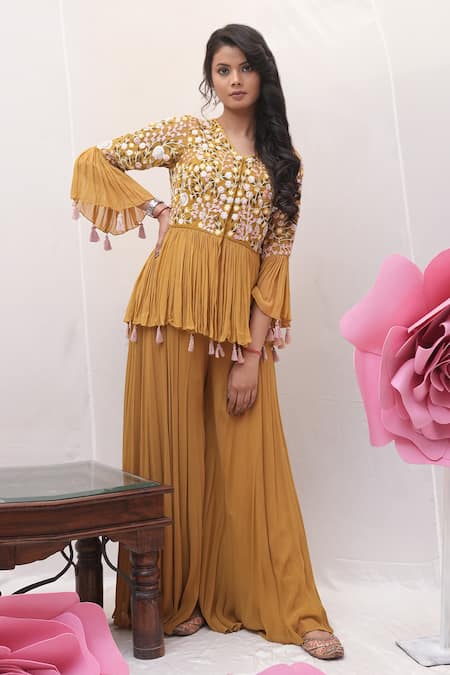 Ankita S Goswami Floral Embroidered Peplum Jacket Kurta With Sharara 