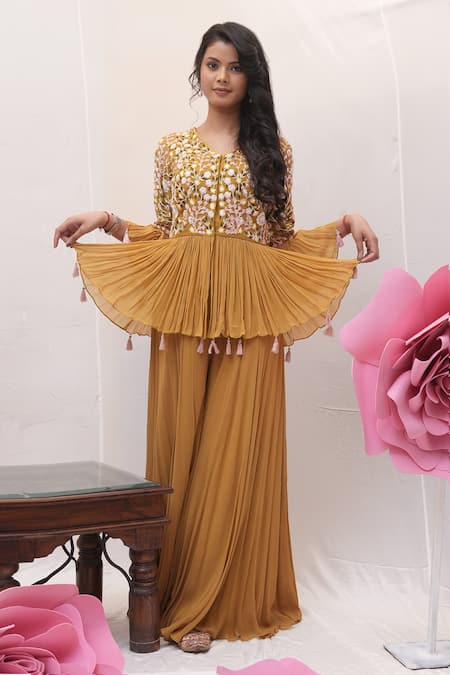 Buy_Ankita S Goswami_Gold Georgette Tassels, Embroidery, Floral Peplum Jacket Kurta With Sharara _Online_at_Aza_Fashions