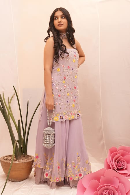 Ankita S Goswami_Purple Georgette Pearls, Embroidery, Marigold Floral Jaal Kurta Sharara Set _Online_at_Aza_Fashions