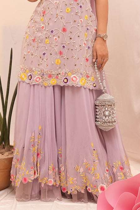 Ankita S Goswami Purple Georgette Pearls, Embroidery, Marigold Floral Jaal Kurta Sharara Set at Aza Fashions Ankita S Goswami_Purple Georgette Pearls, Embroidery, Marigold Floral Jaal Kurta Sharara Set _at_Aza_Fashions