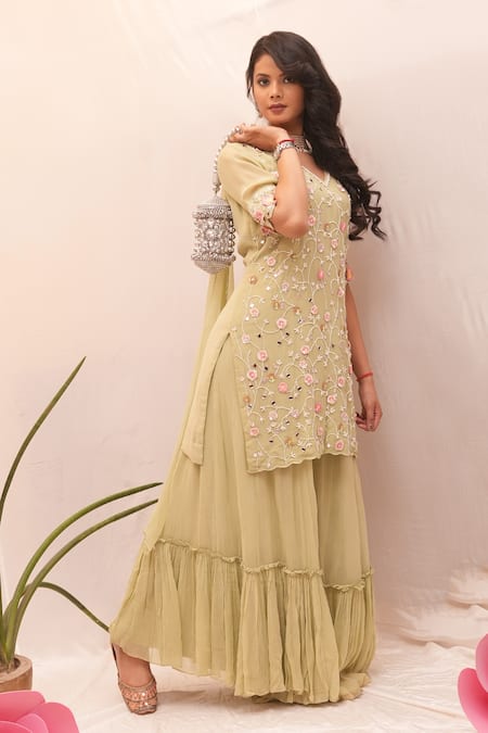 Ankita S Goswami Marigold Jaal Embroidered Kurta Tiered Sharara Set 