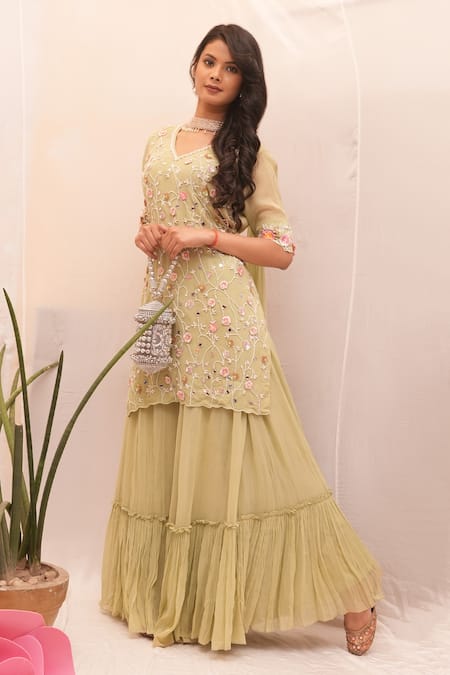 Ankita S Goswami_Green Georgette Pearls, Mirrors, Marigold Jaal Kurta Tiered Sharara Set _Online_at_Aza_Fashions