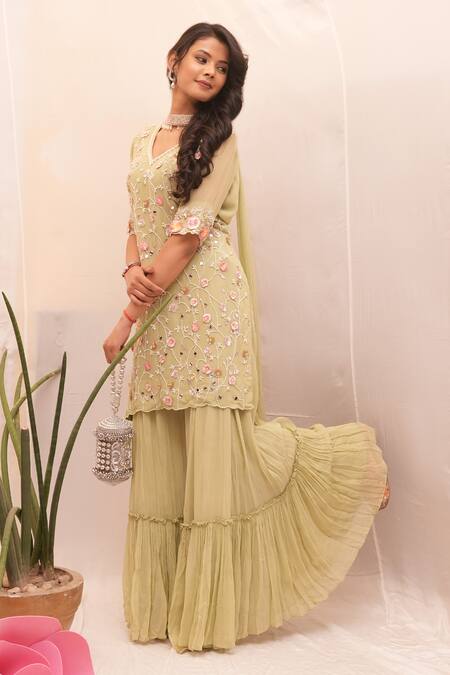 Buy_Ankita S Goswami_Green Georgette Pearls, Mirrors, Marigold Jaal Kurta Tiered Sharara Set _Online_at_Aza_Fashions
