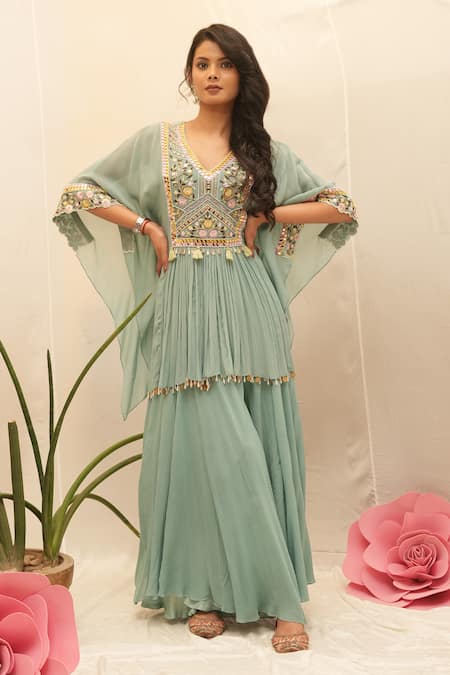 Ankita S Goswami Blue Fine Georgette Embroidered Pearl Petunia Floral Jaal Kaftan With Sharara 