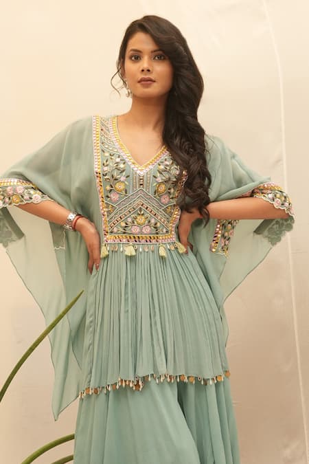 Ankita S Goswami_Blue Georgette Pearls, Petunia Floral Jaal Embroidered Kaftan With Sharara _Online_at_Aza_Fashions