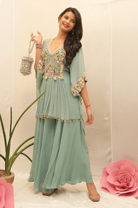 Shop_Ankita S Goswami_Blue Georgette Pearls, Petunia Floral Jaal Embroidered Kaftan With Sharara _Online_at_Aza_Fashions