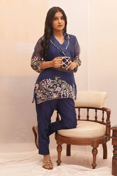 Ankita S Goswami Blue Tunic Silk Organza Embroidered Pearl Springdale Floral Garden Pant Set 