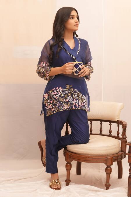 Ankita S Goswami_Blue Organza, Springdale Floral Garden Embroidered Tunic Pant Set _Online_at_Aza_Fashions