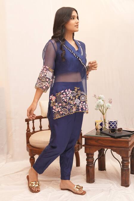 Buy_Ankita S Goswami_Blue Organza, Springdale Floral Garden Embroidered Tunic Pant Set _Online_at_Aza_Fashions