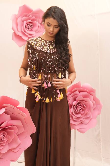 Ankita S Goswami_Brown Silk, Crepe Pearls, Dreamy Tinsel Embroidered Fringe Cape Draped Skirt Set _Online_at_Aza_Fashions