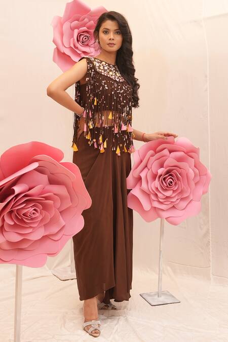 Buy_Ankita S Goswami_Brown Silk, Crepe Pearls, Dreamy Tinsel Embroidered Fringe Cape Draped Skirt Set _Online_at_Aza_Fashions