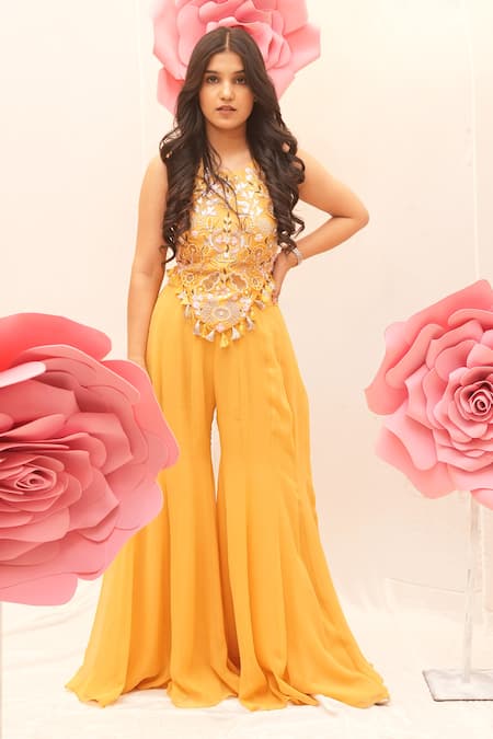 Ankita S Goswami_Yellow Round Neck Floral Embroidered Corset Blouse And Sharara Set _Online_at_Aza_Fashions