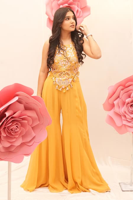 Buy_Ankita S Goswami_Yellow Round Neck Floral Embroidered Corset Blouse And Sharara Set _Online_at_Aza_Fashions