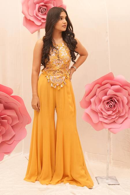 Shop_Ankita S Goswami_Yellow Round Neck Floral Embroidered Corset Blouse And Sharara Set _Online_at_Aza_Fashions
