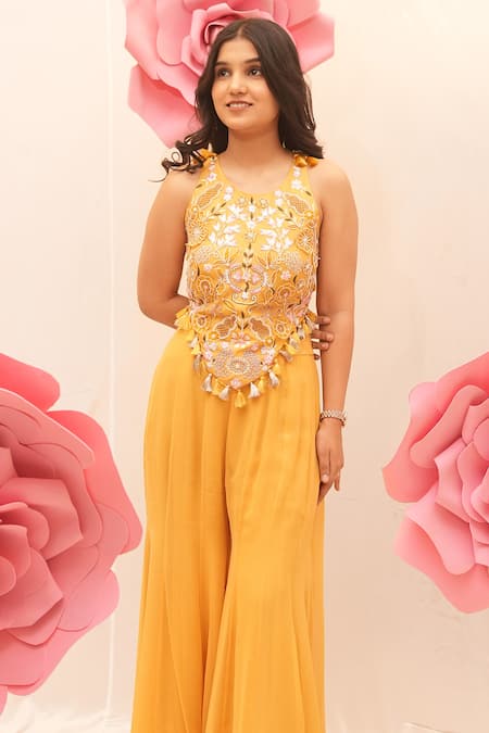Ankita S Goswami_Yellow Round Neck Floral Embroidered Corset Blouse And Sharara Set _at_Aza_Fashions