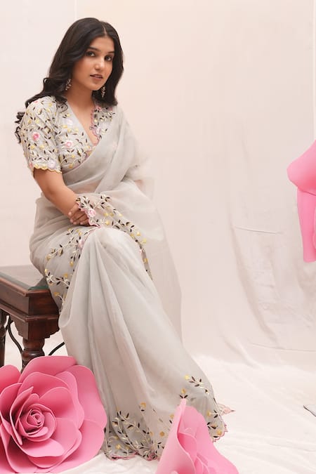 Buy_Ankita S Goswami_Blue Silk, Organza Fresh Flowers Embroidered Scalloped Saree With Blouse _Online_at_Aza_Fashions