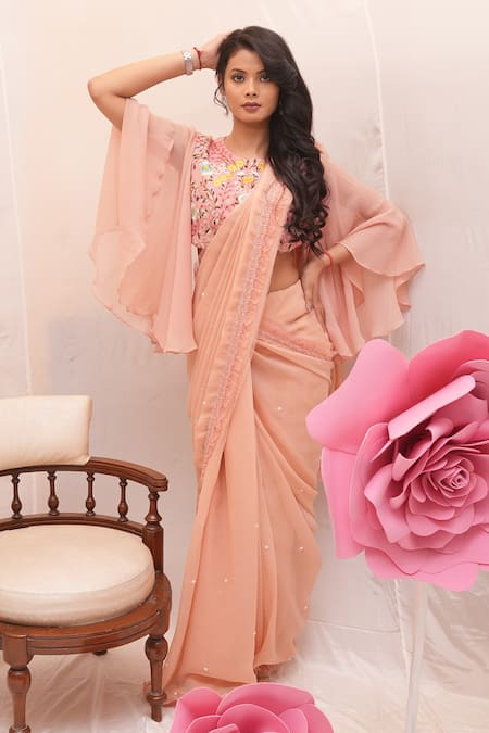 Ankita S Goswami Peach Blouse Silk Embroidered Pearl Round Magnolia Lace Frill Border Saree With 