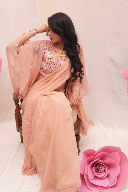 Ankita S Goswami_Peach Silk, Chiffon Beads, Magnolia Frill Border Saree With Embroidered Blouse _Online_at_Aza_Fashions