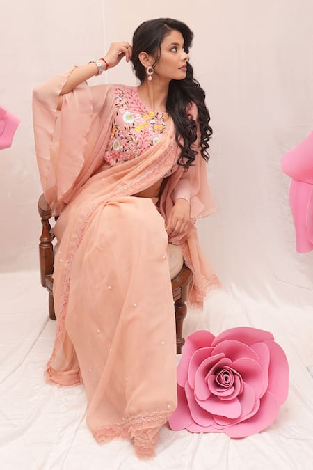 Buy_Ankita S Goswami_Peach Silk, Chiffon Beads, Magnolia Frill Border Saree With Embroidered Blouse _Online_at_Aza_Fashions