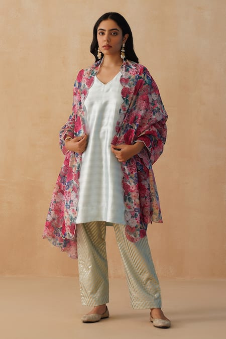 Shop Palak & Mehak Sky Blue Crepe, Chiffon Embroidery, Lace V-neck Kurta Pant Set Online at Aza Fashions Shop_Palak & Mehak_Sky Blue Crepe, Chiffon Embroidery, Lace V-neck Kurta Pant Set _Online_at_Aza_Fashions