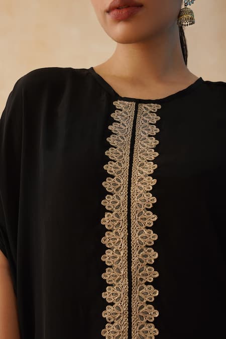 Palak & Mehak_Black Crepe Tassels Round Neck Embroidered Kaftan Pant Set _Online_at_Aza_Fashions