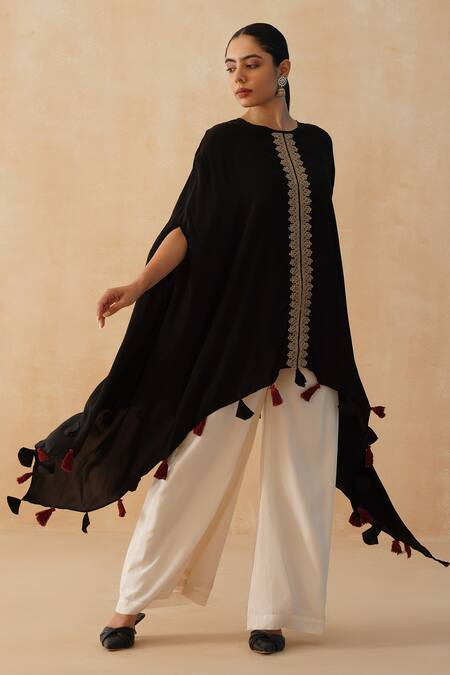Buy_Palak & Mehak_Black Crepe Tassels Round Neck Embroidered Kaftan Pant Set _Online_at_Aza_Fashions