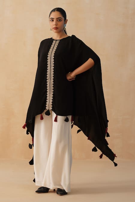 Shop_Palak & Mehak_Black Crepe Tassels Round Neck Embroidered Kaftan Pant Set _Online_at_Aza_Fashions