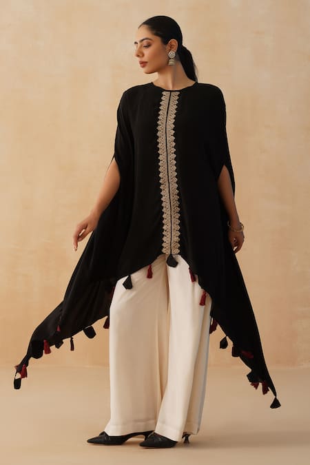 Palak & Mehak_Black Crepe Tassels Round Neck Embroidered Kaftan Pant Set _at_Aza_Fashions