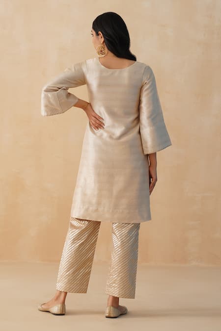 Shop Palak & Mehak Beige Crepe, Chiffon Embroidery V-neck Lace Kurta Pant Set at Aza Fashions Shop_Palak & Mehak_Beige Crepe, Chiffon Embroidery V-neck Lace Kurta Pant Set _at_Aza_Fashions