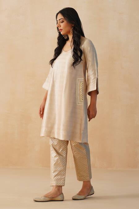 Buy Palak & Mehak Beige Crepe, Chiffon Embroidery V-neck Lace Kurta Pant Set Online at Aza Fashions Buy_Palak & Mehak_Beige Crepe, Chiffon Embroidery V-neck Lace Kurta Pant Set _Online_at_Aza_Fashions