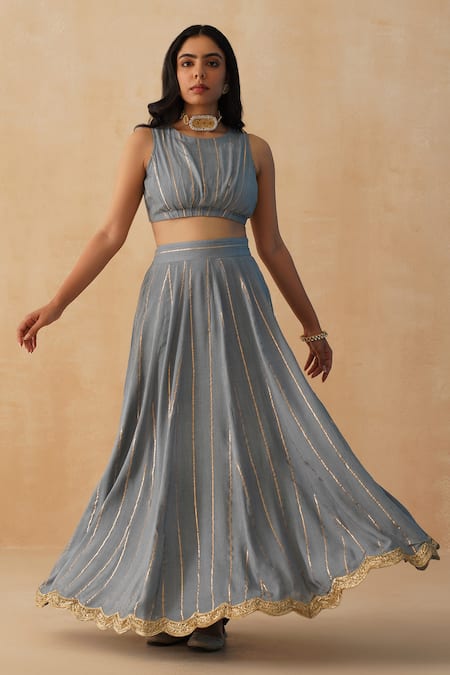 Palak & Mehak Grey Crepe, Georgette Embroidery Round Neck Textured Lehenga Blouse Set Online at Aza Fashions Palak & Mehak_Grey Crepe, Georgette Embroidery Round Neck Textured Lehenga Blouse Set _Online_at_Aza_Fashions