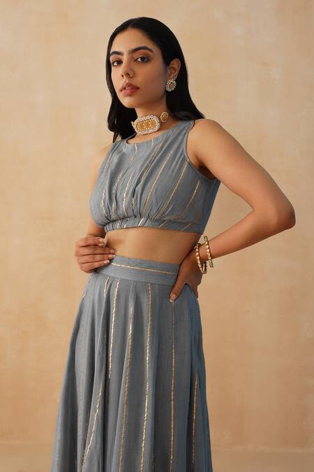 Shop Palak & Mehak Grey Crepe, Georgette Embroidery Round Neck Textured Lehenga Blouse Set Online at Aza Fashions Shop_Palak & Mehak_Grey Crepe, Georgette Embroidery Round Neck Textured Lehenga Blouse Set _Online_at_Aza_Fashions