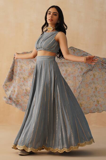 Palak & Mehak Grey Crepe, Georgette Embroidery Round Neck Textured Lehenga Blouse Set at Aza Fashions Palak & Mehak_Grey Crepe, Georgette Embroidery Round Neck Textured Lehenga Blouse Set _at_Aza_Fashions