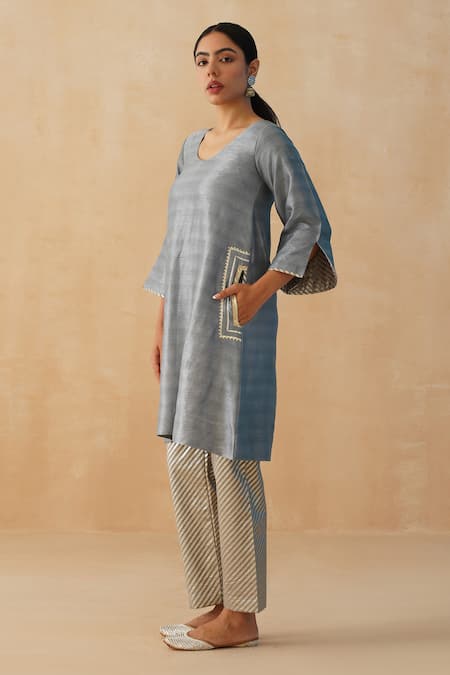 Buy_Palak & Mehak_Grey Crepe, Chiffon Embroidery, Lace V-neck Kurta Pant Set _Online_at_Aza_Fashions