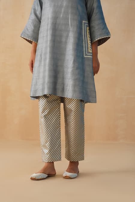 Shop_Palak & Mehak_Grey Crepe, Chiffon Embroidery, Lace V-neck Kurta Pant Set _Online_at_Aza_Fashions