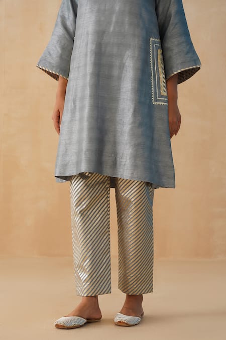 Palak & Mehak_Grey Crepe, Chiffon Embroidery, Lace V-neck Kurta Pant Set _at_Aza_Fashions