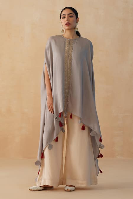 Palak & Mehak_Grey Crepe Fringe Round Neck Zari Embroidered Kaftan Pant Set _Online_at_Aza_Fashions
