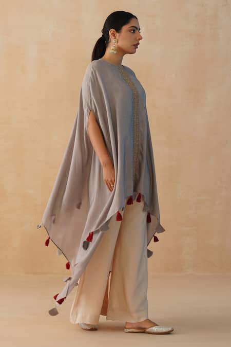 Shop_Palak & Mehak_Grey Crepe Fringe Round Neck Zari Embroidered Kaftan Pant Set _Online_at_Aza_Fashions
