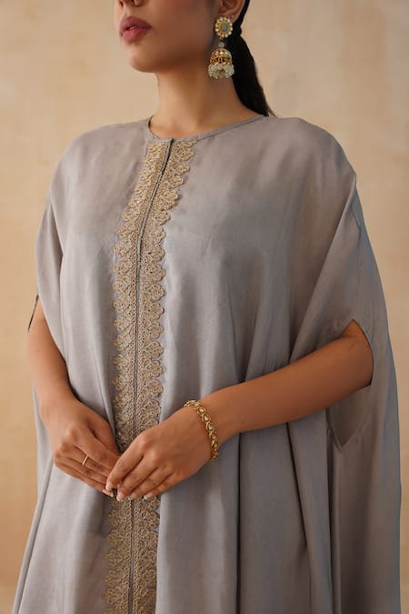 Palak & Mehak_Grey Crepe Fringe Round Neck Zari Embroidered Kaftan Pant Set _at_Aza_Fashions