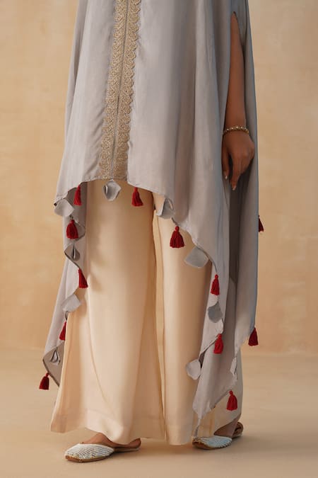 Buy_Palak & Mehak_Grey Crepe Fringe Round Neck Zari Embroidered Kaftan Pant Set 